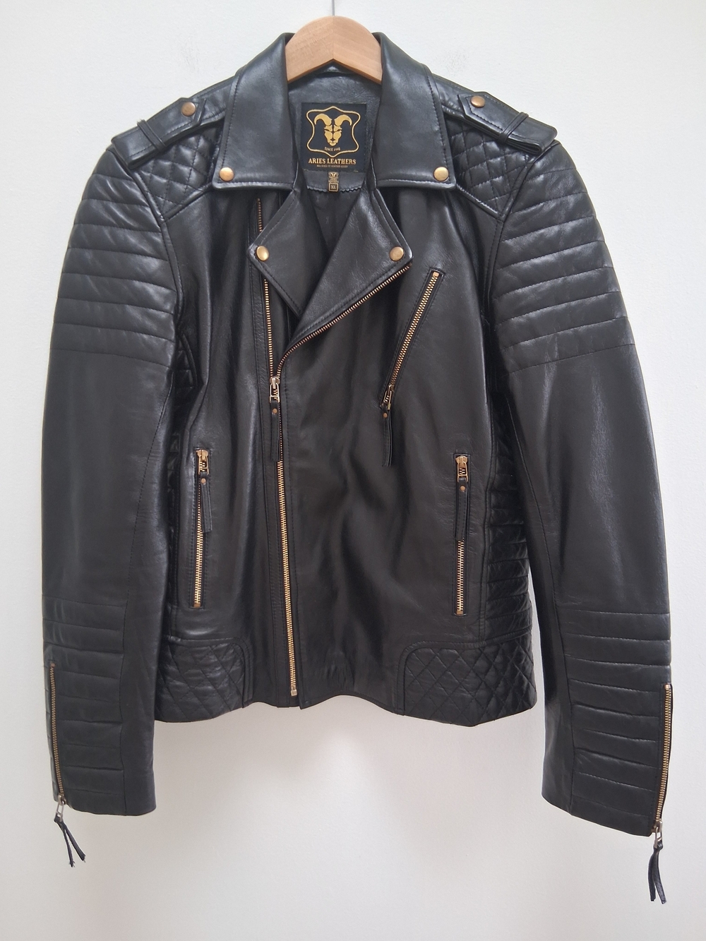 Aries Leather Men's Black Quilted Genuine Leather Biker Jacket  Size XL